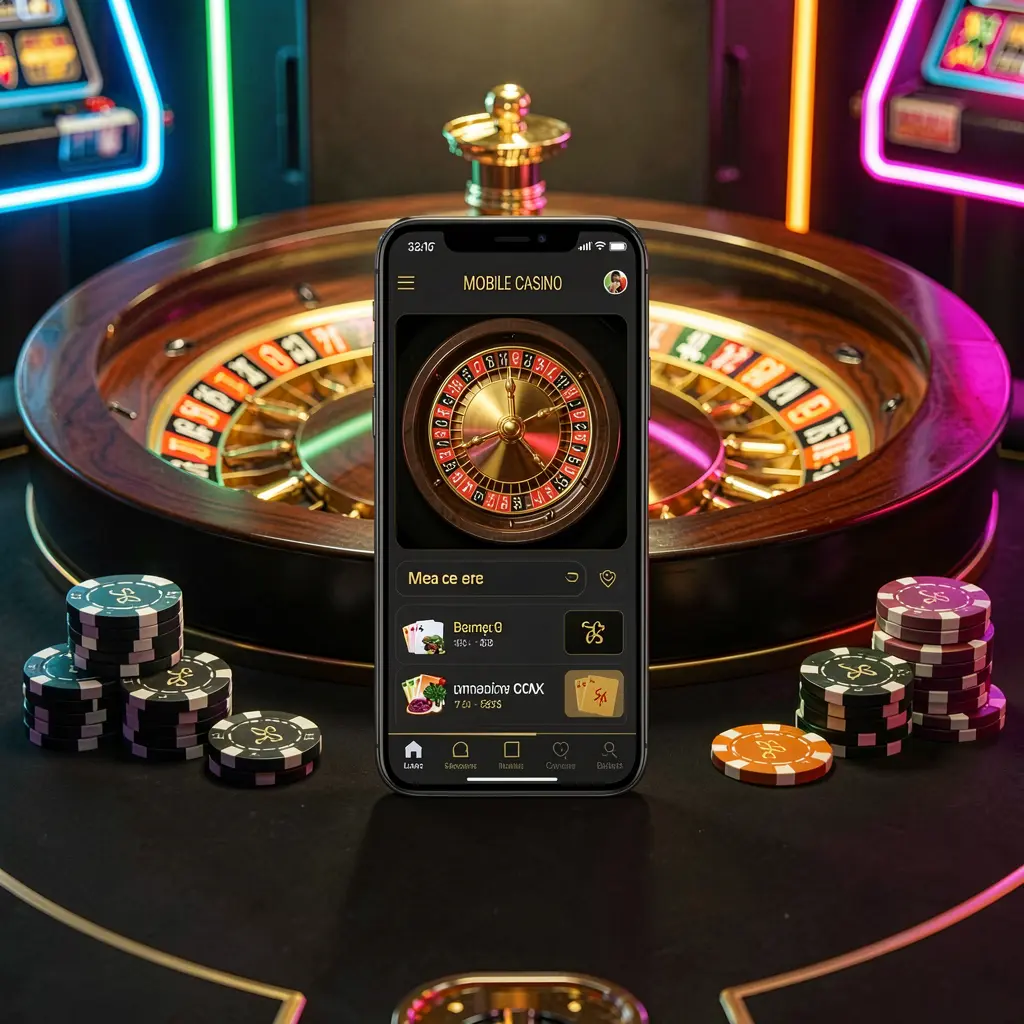 Mobile casino application scene featuring a phone in the center with a glowing neon roulette wheel and poker chips in the background, showcasing TK345's premium black and gold style