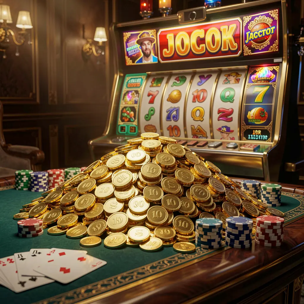TK345 online casino jackpot bonus scene with a massive pile of golden coins, slot machine in the background, glowing jackpot lights, poker chips and playing cards on a luxury table under dramatic cinematic lighting