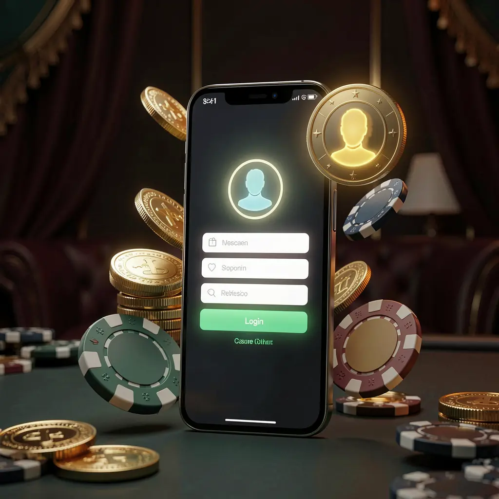 TK345 online casino login page hero banner featuring a modern smartphone with a secure login screen, glowing user profile icon, golden coins and poker chips surrounding it on a dark luxury background