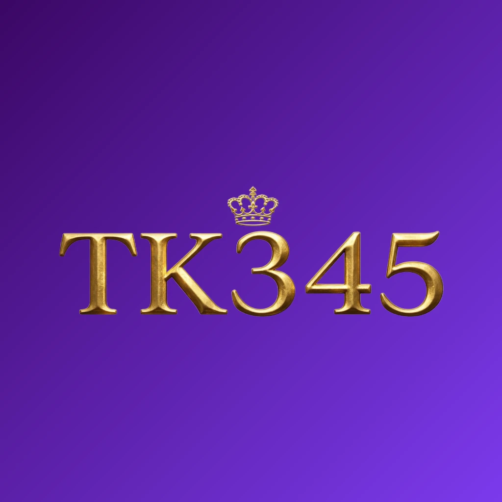TK345 luxury brand logo with a gold metallic crown above the letters, featuring a royal design and a transparent background in a wide horizontal rectangular wordmark format
