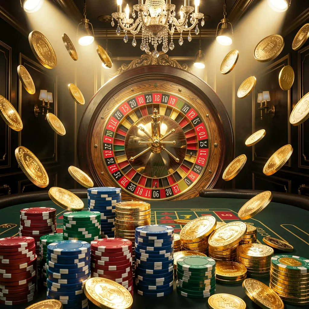 TK345 online casino main page background featuring dramatic casino lights, flying golden coins, stacked poker chips in the foreground, and a roulette wheel behind in a luxury black and gold atmosphere